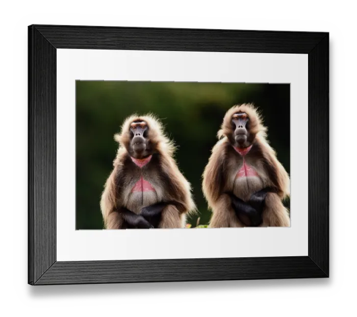 Framed Print : Two Gelada baboons (Theropithecus gelada) male bachelors sitting in montane grassland raising their eyebrows in threat display Framed Print : Two Gelada baboons (Theropithecus gelada) male bachelors sitting in montane grassland raising their eyebrows in threat display