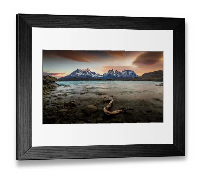 Framed Print : View across lake to snow-covered mountains at sunrise, Torres Del Paine, Chile. May, 2024 Framed Print : View across lake to snow-covered mountains at sunrise, Torres Del Paine, Chile. May, 2024