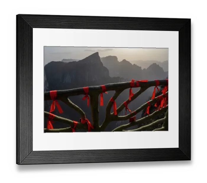 Framed Print : Buddhist prayer flags tied on ornate railings, to bring good luck, Tianmen Mountain National Park, Zhangjiajie, Hunan, China. March, 2024