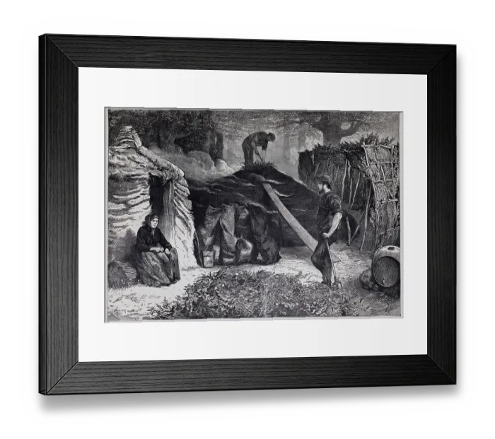 Framed Print : Engraving by Edwin Buckman depicting charcoal burners in Epping Forest, Essex, UK. From the Illustrated London News Nov 8, 1879