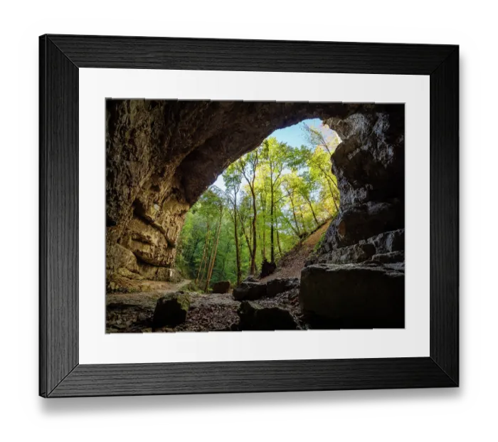 Framed Print : Looking out through cave entrance of Falkenstein Cave, Swabian Alps, Baden-Wuerttemberg, Germany. October, 2023 Framed Print : Looking out through cave entrance of Falkenstein Cave, Swabian Alps, Baden-Wuerttemberg, Germany. October, 2023