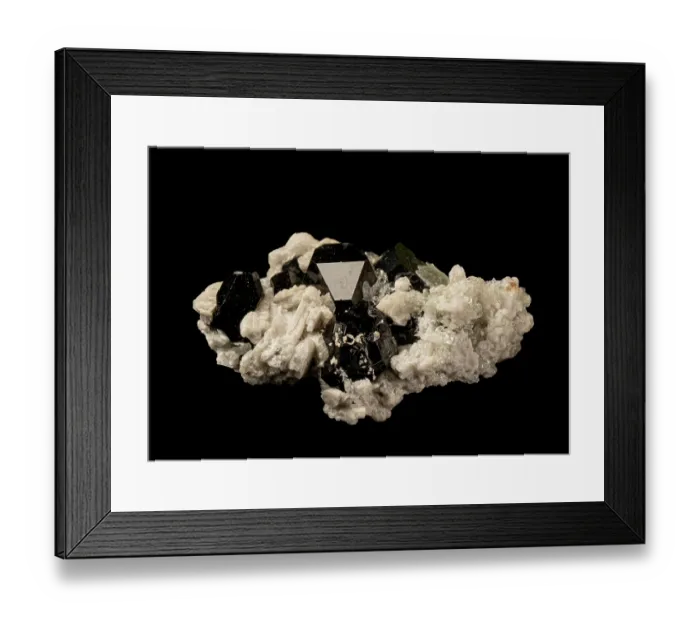 Framed Print : Fluorescent hyalite opal (Opal-AN) with black tourmaline (Schorl), Erongo Mountains, Namibia. Under visible light Framed Print : Fluorescent hyalite opal (Opal-AN) with black tourmaline (Schorl), Erongo Mountains, Namibia. Under visible light