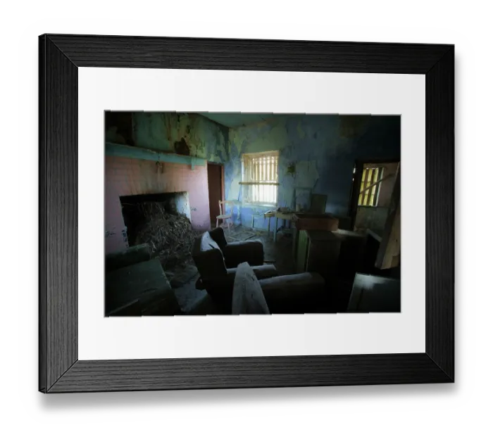 Framed Print : Derelict farmhouse, abandoned completely with furniture, some years ago judging by amount of sticks and debris thrown down chimney by nesting Jackdaws (Corvus monedula), Mayo Framed Print : Derelict farmhouse, abandoned completely with furniture, some years ago judging by amount of sticks and debris thrown down chimney by nesting Jackdaws (Corvus monedula), Mayo