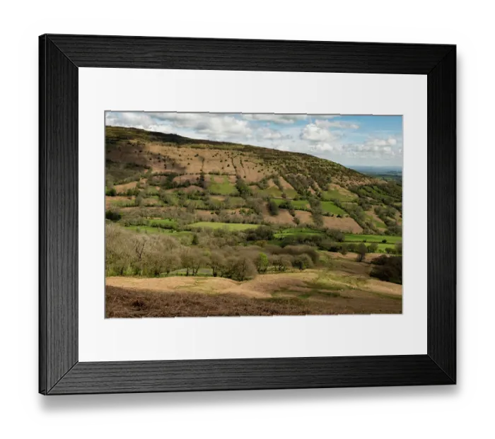Framed Print : Black Hill / Cat's Back and the Olchon Valley viewed from the Black Mountains, showing hedges with mature trees and shrubs on the fyridd, Herefordshire, England, UK. May, 2024 Framed Print : Black Hill / Cat's Back and the Olchon Valley viewed from the Black Mountains, showing hedges with mature trees and shrubs on the fyridd, Herefordshire, England, UK. May, 2024
