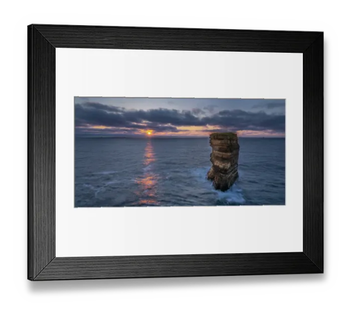 Framed Print : Dun Briste sea stack at sunset, Downpatrick Head, County Mayo, Republic of Ireland. May, 2023