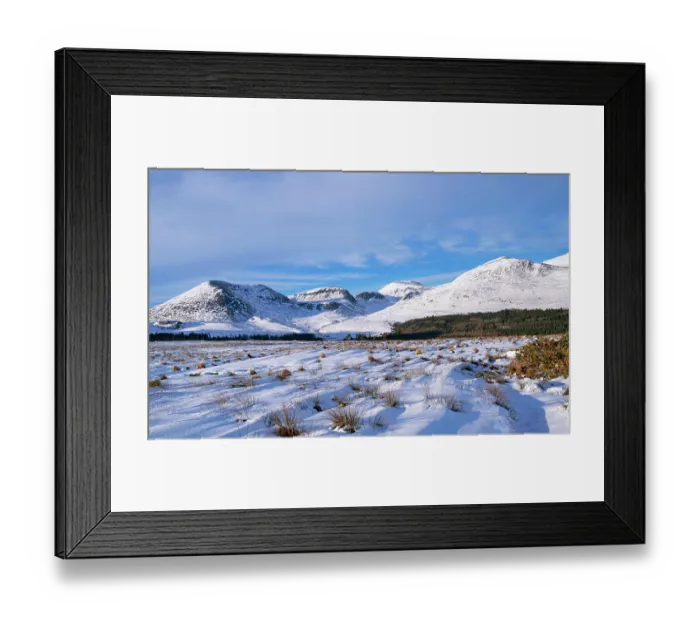 Framed Print : Snow-capped summits of the High Mournes viewed from Blue Lough track, Mourne Mountains, County Down, Northern Ireland, UK. January, 2023 Framed Print : Snow-capped summits of the High Mournes viewed from Blue Lough track, Mourne Mountains, County Down, Northern Ireland, UK. January, 2023