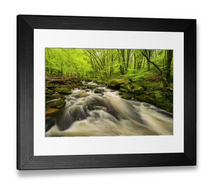 Framed Print : River cascading through spring woodland, Golitha Falls, Cornwall, England, UK. May