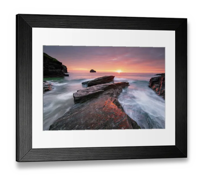 Framed Print : Sunset over high tide at Trebarwith Strand, North Cornwall, England, UK. May, 2024 Framed Print : Sunset over high tide at Trebarwith Strand, North Cornwall, England, UK. May, 2024