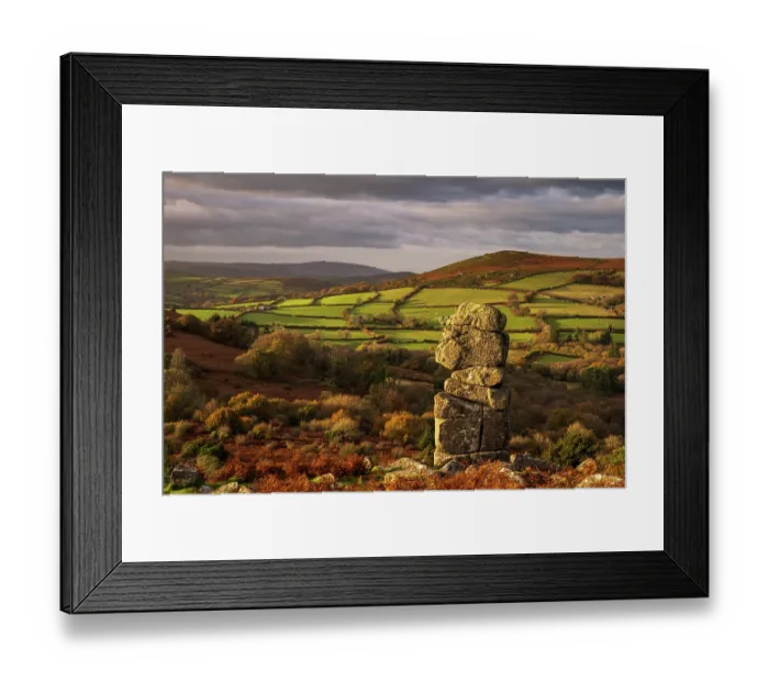Framed Print : Bowerman's Nose granite stack and moorland backdrop bathed in late evening light, autumn, Dartmoor National Park, Devon, England, UK. November, 2024 Framed Print : Bowerman's Nose granite stack and moorland backdrop bathed in late evening light, autumn, Dartmoor National Park, Devon, England, UK. November, 2024