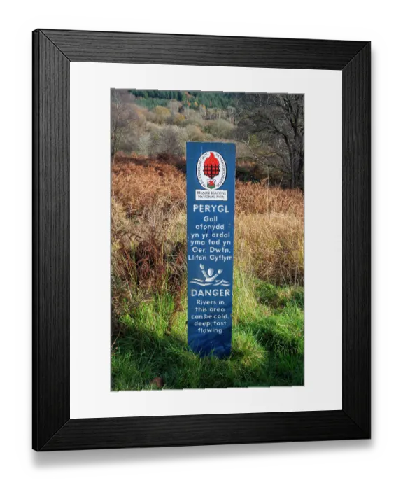 Framed Print : National park warning sign in Waterfall country. Four falls trail, Bannau Brycheiniog / Brecon Beacons National Park, Wales, UK. November, 2024 Framed Print : National park warning sign in Waterfall country. Four falls trail, Bannau Brycheiniog / Brecon Beacons National Park, Wales, UK. November, 2024