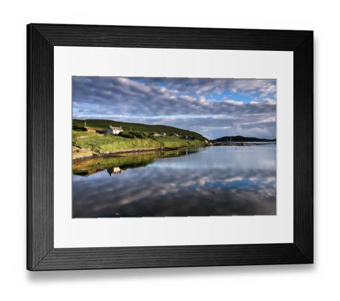 Framed Print : Noonsbrough village along water's edge with reflection of clouds, Voe of Clousta, west Mainland, Shetland Islands, Scotland, UK. July, 2017 Framed Print : Noonsbrough village along water's edge with reflection of clouds, Voe of Clousta, west Mainland, Shetland Islands, Scotland, UK. July, 2017