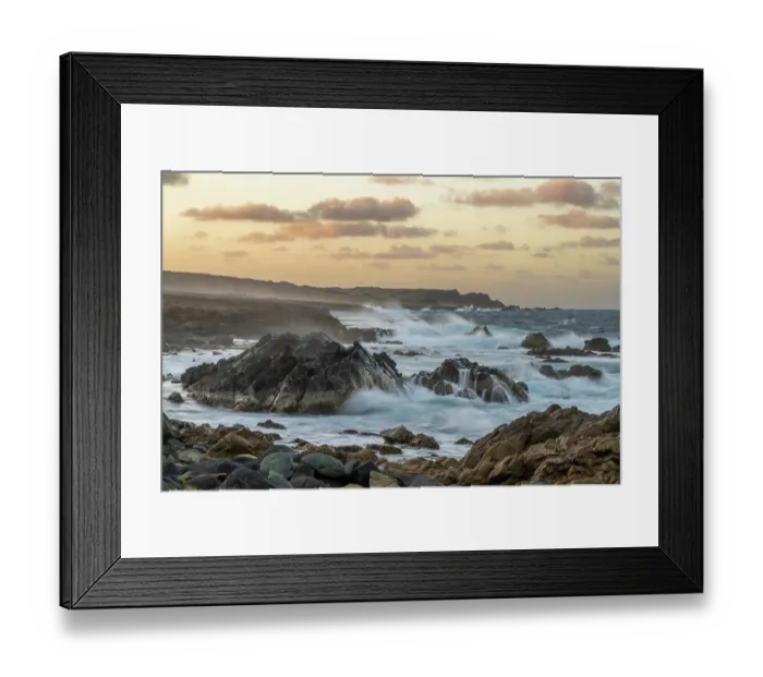 Framed Print : Breaking waves on the rocky shore of Aruba, Caribbean Sea. January, 2024