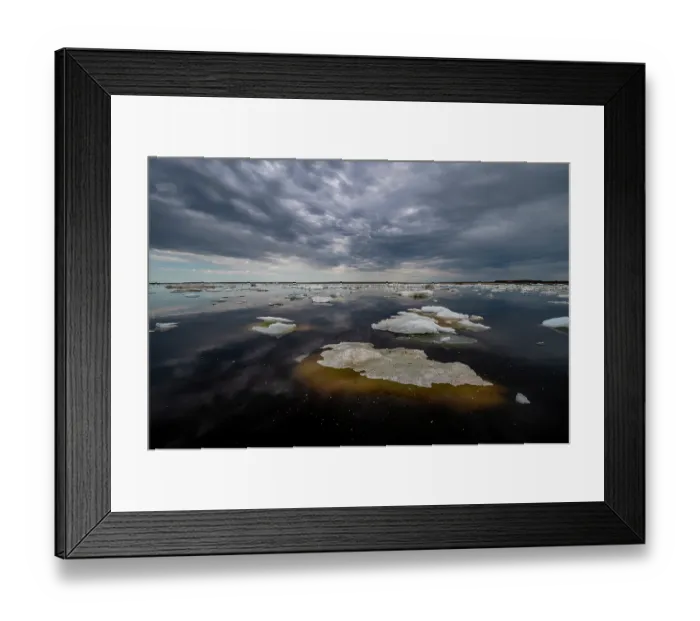 Framed Print : Sea ice breaking up and melting under a cloudy sky in spring, Hudson Bay near Churchill, Manitoba, Canada. June, 2024 Framed Print : Sea ice breaking up and melting under a cloudy sky in spring, Hudson Bay near Churchill, Manitoba, Canada. June, 2024