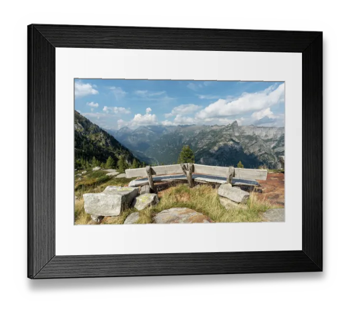 Framed Print : Bench looking out over mountains, Lake di Starlaresc da Sgiof, Upper Verzasca Valley, Ticino, Switzerland. August, 2022 Framed Print : Bench looking out over mountains, Lake di Starlaresc da Sgiof, Upper Verzasca Valley, Ticino, Switzerland. August, 2022