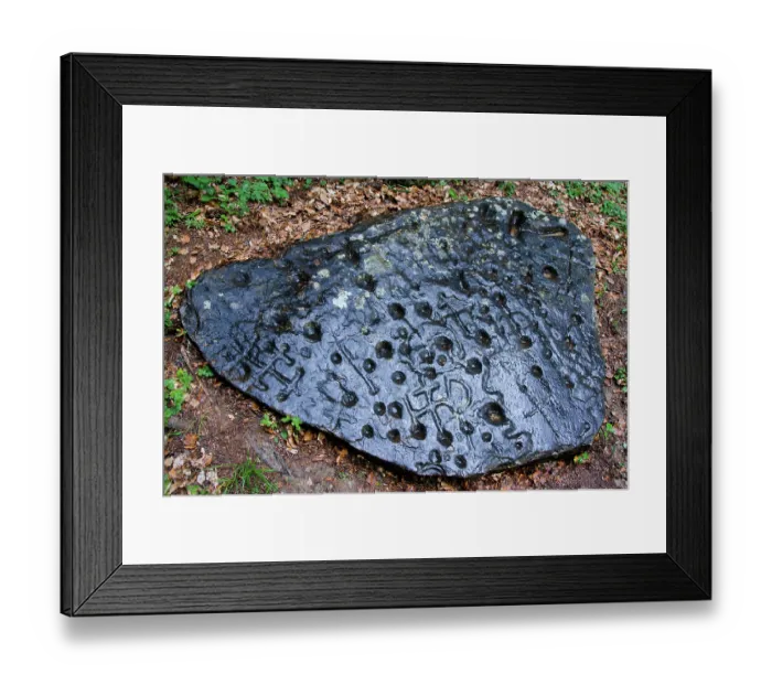 Framed Print : A boulder engraved with 106 cupules and several crosses, Feissons-sur-Salins, Tarentaise valley, Savoie, Alps, France. July, 2019 Framed Print : A boulder engraved with 106 cupules and several crosses, Feissons-sur-Salins, Tarentaise valley, Savoie, Alps, France. July, 2019