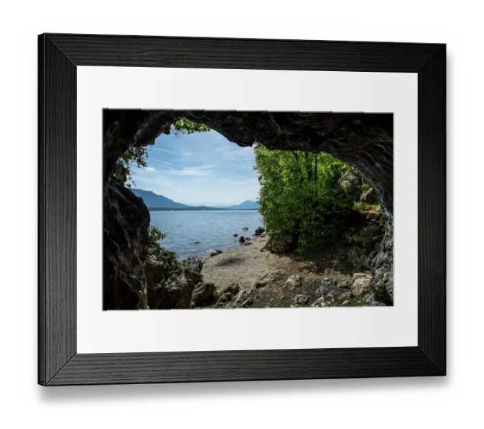 Framed Print : Looking out of Lamartine cave across Lake Bourget, Alps, Savoie, Alps, France. April, 2022