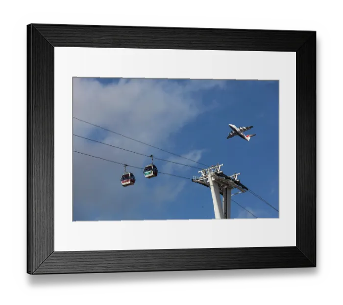 Framed Print : Cable cars across the River Thames at Greenwich with aeroplane high above, Greenwich, London, England, UK. October, 2014 Framed Print : Cable cars across the River Thames at Greenwich with aeroplane high above, Greenwich, London, England, UK. October, 2014