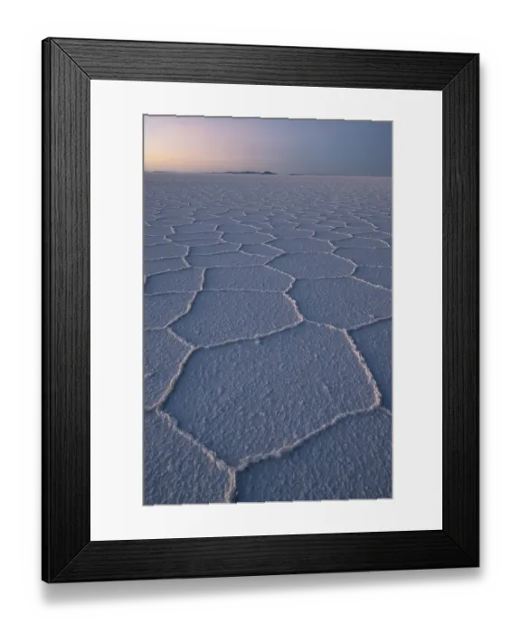 Framed Print : Hexagonal shapes on surface of salt flats at sunrise, Salar de Uyuni, Altiplano, Potosi, Bolivia. September, 2024 Framed Print : Hexagonal shapes on surface of salt flats at sunrise, Salar de Uyuni, Altiplano, Potosi, Bolivia. September, 2024