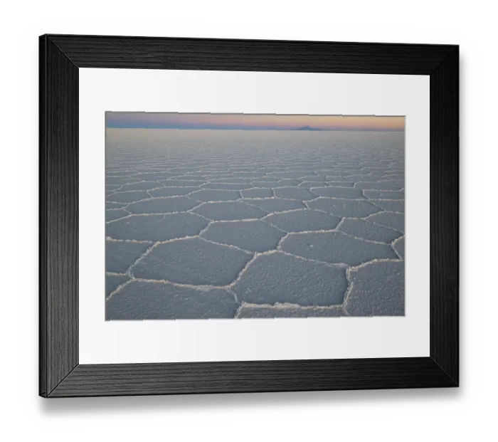 Framed Print : Hexagonal shapes on surface of salt flats at sunrise, Salar de Uyuni, Altiplano, Potosi, Bolivia. September, 2024 Framed Print : Hexagonal shapes on surface of salt flats at sunrise, Salar de Uyuni, Altiplano, Potosi, Bolivia. September, 2024