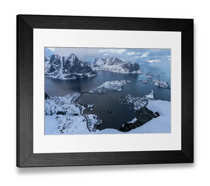Framed Print : Winter landscape, fjord and mountains, Reinebringen, Lofoten, Norway. March, 2022