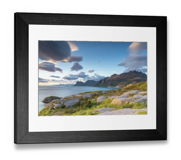 Framed Print : View along rugged coastline during midnight sun, Nordland, Norway. June, 2022