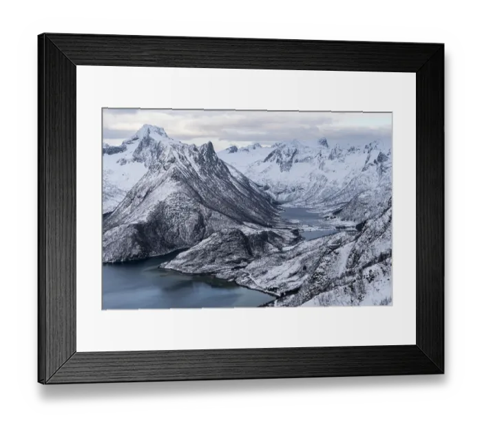 Framed Print : Winter landscape of mountains along the coast, Lofoten, Norway. April, 2022 Framed Print : Winter landscape of mountains along the coast, Lofoten, Norway. April, 2022