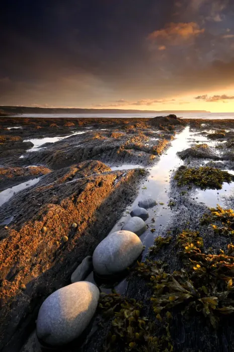 Framed Print : Abbotsham cliff, beach at low-tide, late evening light, Devon, UK. August 2008 Framed Print : Abbotsham cliff, beach at low-tide, late evening light, Devon, UK. August 2008