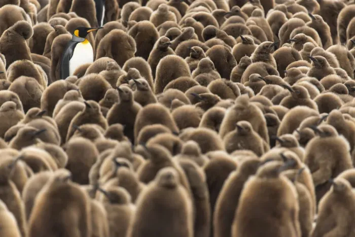 Framed Print : An adult King penguin (Aptenodytes patagonicus) amongst a creche of chicks Framed Print : An adult King penguin (Aptenodytes patagonicus) amongst a creche of chicks