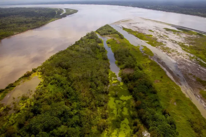 Framed Print : Aerial view of Amazon River, with settlements and secondary rainforest, near Iquitos, Peru Framed Print : Aerial view of Amazon River, with settlements and secondary rainforest, near Iquitos, Peru