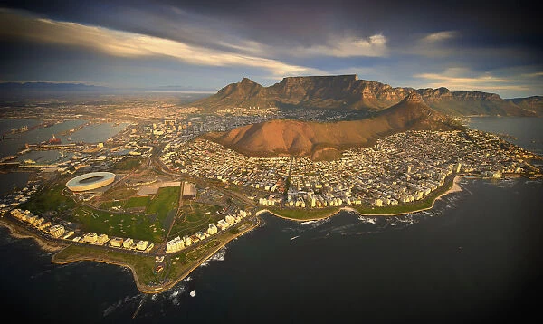 Aerial view of Cape Town city with Table Mountain, South Africa, taken from helicopter
