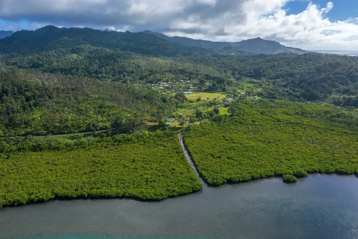 Framed Print : Aerial view of channel cut through the mangrove forests fringing Ovalau Island, Lomaiviti Group, Fiji. December, 2019