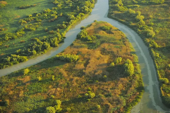 Framed Print : Aerial view over the Danube delta rewilding area, showing various waterways, Romania Framed Print : Aerial view over the Danube delta rewilding area, showing various waterways, Romania