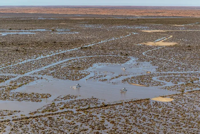 Framed Print : Aerial view over flooded mining infrastructure in the Lake Eyre basin, Tirrawarra Swamp, Gidgealpa, South Australia, Australia. July, 2022 Framed Print : Aerial view over flooded mining infrastructure in the Lake Eyre basin, Tirrawarra Swamp, Gidgealpa, South Australia, Australia. July, 2022