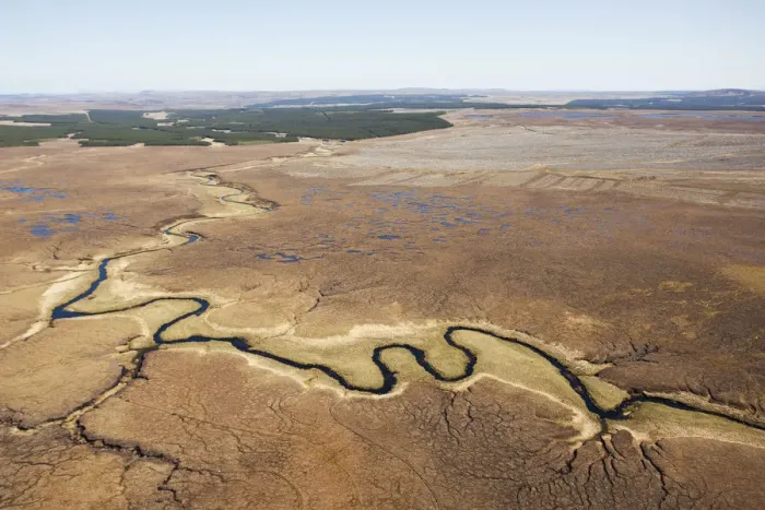 Framed Print : Aerial view across the Flow Country showing peatland pool system with commercial