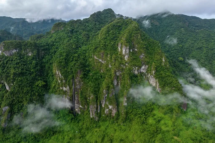 Framed Print : Aerial view of forest covered mountains and low cloud in Namosi Province on Fiji's largest island, Viti Levu, Fiji. June, 2023