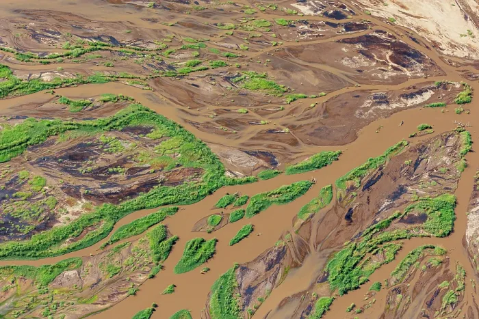 Framed Print : Aerial view of freshwater estuary entering the lake after heavy rains, Lake Magadi, Kenya. February, 2024 Framed Print : Aerial view of freshwater estuary entering the lake after heavy rains, Lake Magadi, Kenya. February, 2024