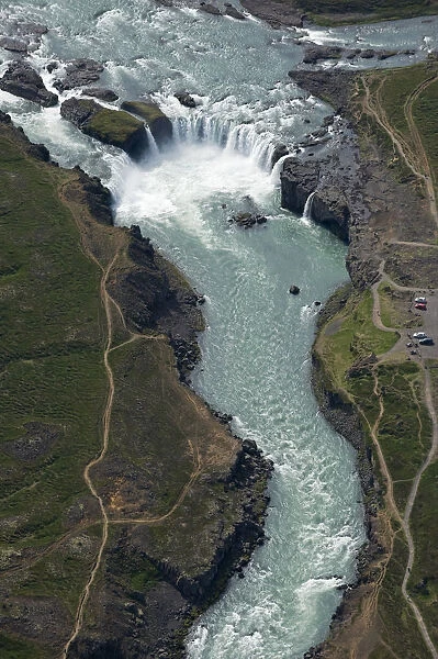 Aerial view of Godafoss waterfall on the Skjalfandafljot River, Northern Iceland