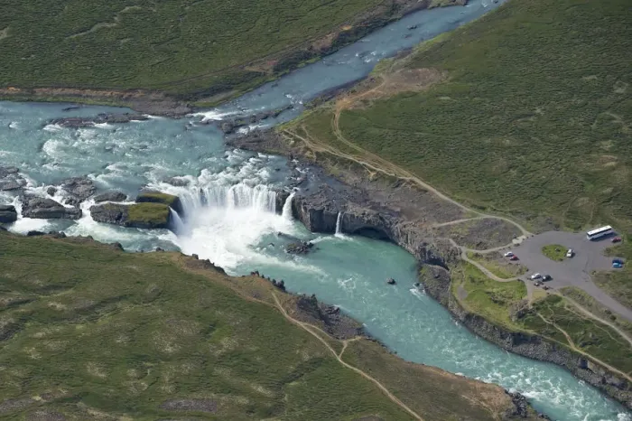 Framed Print : Aerial view of Godafoss waterfall on the Skjalfandafljot River, Northern Iceland