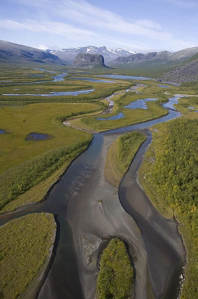 Aerial view over Laitaure delta in the Rapadalen valley with Skierffe and Nammatj mountains