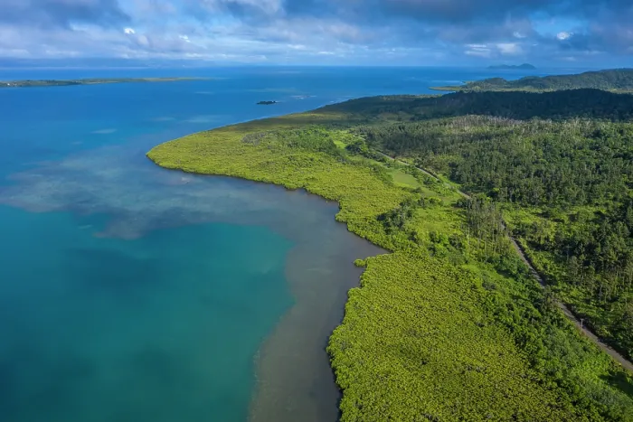 Framed Print : Aerial view of mangrove-fringed coastline of Ovalau Island, Lomaiviti Group, Fiji, Pacific Ocean. December, 2019