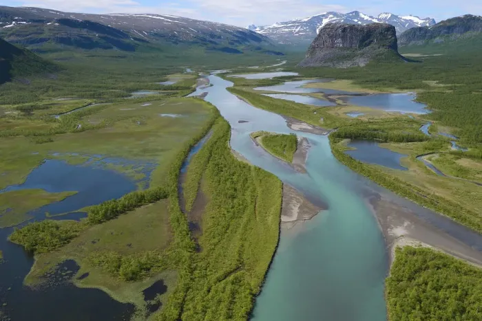 Framed Print : Aerial view of the Rapa river delta with distant mountains, Sarek National Park Framed Print : Aerial view of the Rapa river delta with distant mountains, Sarek National Park