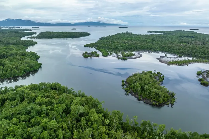 Framed Print : Aerial view of a river near Munda leading into the Roviana lagoon, New Georgia, Western Province, Solomon Islands. July, 2023 Framed Print : Aerial view of a river near Munda leading into the Roviana lagoon, New Georgia, Western Province, Solomon Islands. July, 2023