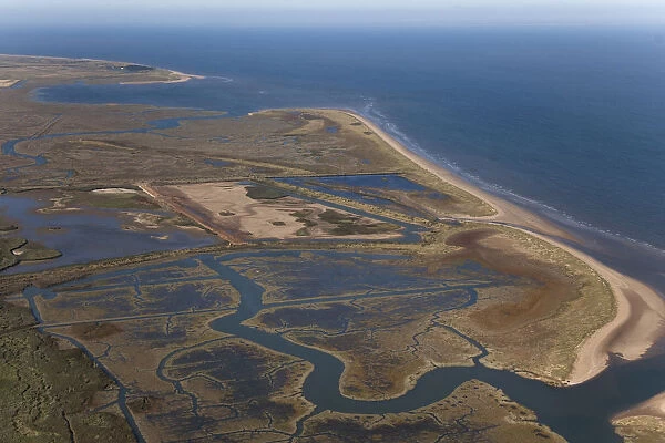 Aerial view of saltmarshes at Titchwell RSPB reserve, Norfolk, UK, September 2009
