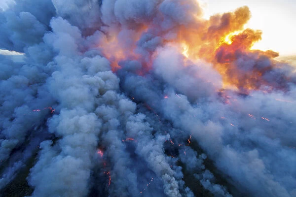 Aerial view of smoke in controlled burn, Everglades National Park, Florida. May 2011