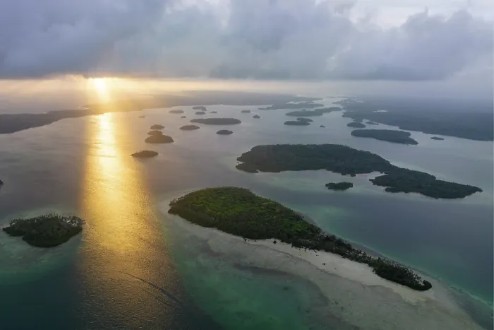 Framed Print : Aerial view of sunset over the Roviana lagoon and dozens of small, uninhabited islets, Western Province, Solomon Islands, Pacific Ocean. July, 2023 Framed Print : Aerial view of sunset over the Roviana lagoon and dozens of small, uninhabited islets, Western Province, Solomon Islands, Pacific Ocean. July, 2023