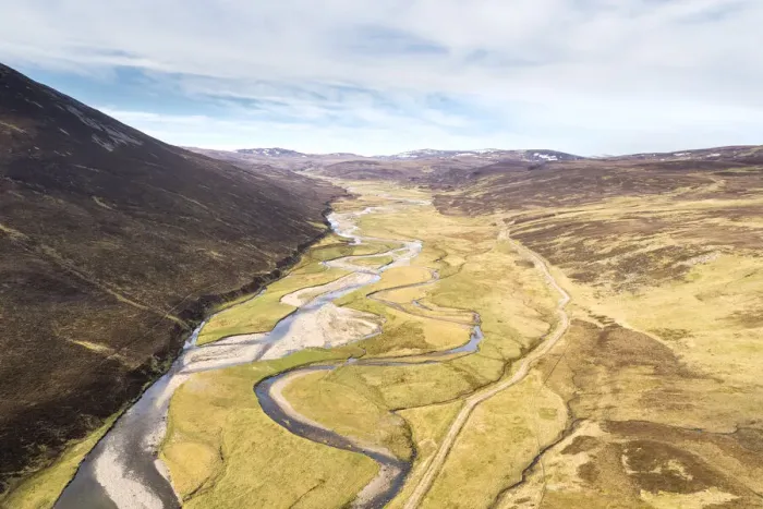 Framed Print : Aerial view of the upper River Dulnain running through open moorland, Monadhliath mountains, Highlands, Scotland, UK. May, 2020 Framed Print : Aerial view of the upper River Dulnain running through open moorland, Monadhliath mountains, Highlands, Scotland, UK. May, 2020