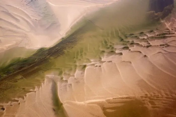 Framed Print : Aerial view of water channel in the sand, Hallig, Germany, April 2009 Framed Print : Aerial view of water channel in the sand, Hallig, Germany, April 2009