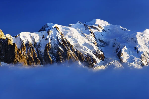 Aiguille du Midi (3, 842m) and Mont Blanc (4, 810m) at sunset, Haute Savoie, France