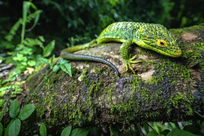 Framed Print : Alligator lizard (Abronia meledona) resting on moss covered log in rainforest, Guatemala. Endangered