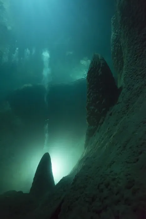 Framed Print : Anhumas Abyss, a 72 meters deep cave, with underwater limestone cones up to 20 meters high Framed Print : Anhumas Abyss, a 72 meters deep cave, with underwater limestone cones up to 20 meters high